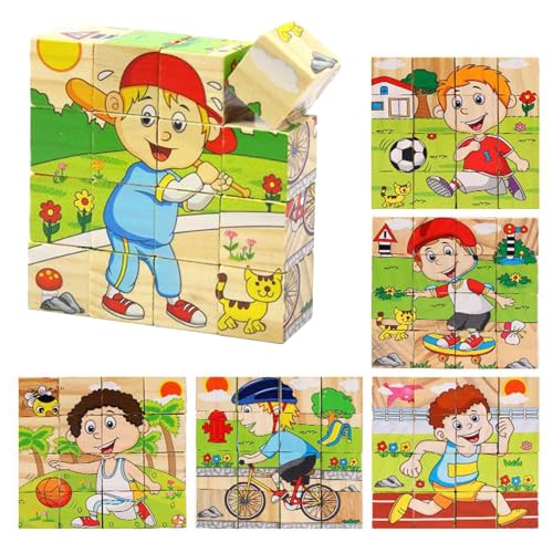 Rompecabezas de Cubo de Madera, 6 en 1 de 3D Rompecabezas de Madera, 16 Puzzle Cubos para niños, Adecuado para Niños de 3 Años o Más, Juguetes Educativos Montessori 12 x 12 cm