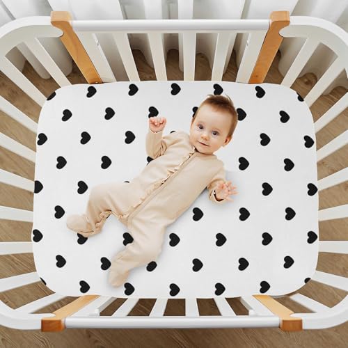 Image of Black Heart Polka Dots White Fitted Crib Sheets Stretchy Portable Playard Sheets for Baby Toddler, Breathable Soft Mini Crib Mattress 52 x 28 in for Boys and Girls