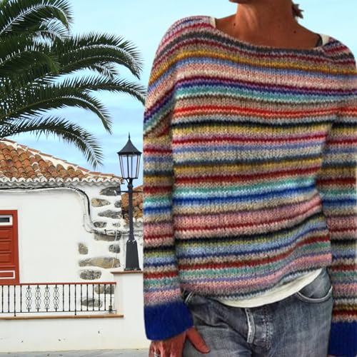 Womens Fair Isle Sweaters Trendy Fall Winter Casual Vintage Striped Crewneck Long Sleeve Oversized Pullover Knitted Top4