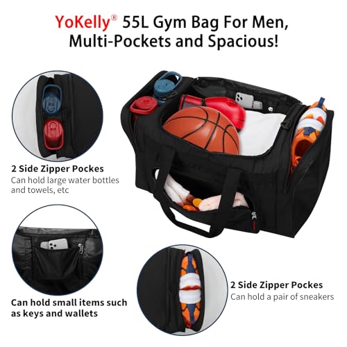 Image of 55L Gym Sport Duffle Bag for Men, Black | 22 inch, Large Capacity, Multi Pockets, Weekender, Travel, 22 inchx12 inchx13 inch