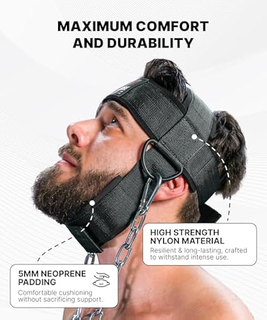DMoose Fitness Neck Harness for Weight Lifting - Soft Padded Head & Chin Strap with 30 Heavy Duty Steel Chain - Neck Exerciser, Trainer & Strengthener to Support Injury Recovery and Intense Workouts