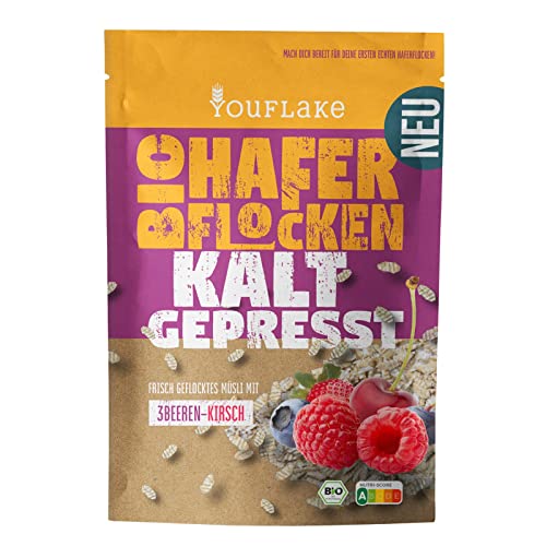 YouFlake Kaltgepresste Bio Haferflocken 3Beeren-Kirsch | 320 g | Müslimischung mit Haferflocken, Früchten und Beeren | schonend und frisch gepresst