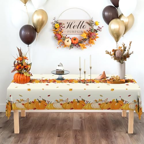 Image of ATFUNSHOP Fall Plastic Tablecloth 4 Packs Thanksgiving Disposable Table Cloth 54x108 Rectangle Table Cover with Pumpkin & Maple Leaf for Holiday Dinner Party Decorations Outdoor Picnic & Baby Showers