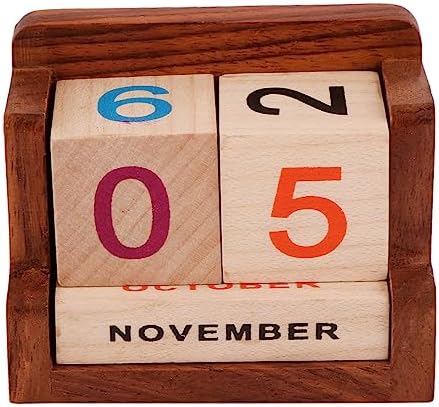 Mayhas Wooden Desktop Calendar - Walnut Perpetual Desk Calendar For Office Decor