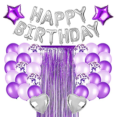 Image of Rozi Decoration Happy Birthday Purple Theme Confetti & Metallic Balloons, Heart Star Balloon Foil Fringe Curtain 16th 18th 19th 21st Purple & Silver Theme Birthday Party Kit Pack of 37 Piece