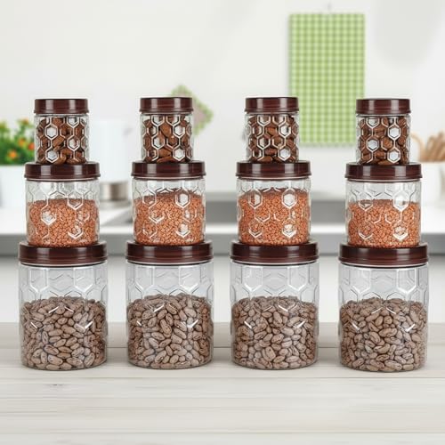 Image of Filox ClearLock Airtight Kitchen Storage Jar Set (12 Pieces) | BPA-Free PET Plastic Containers for Spices, Grains & Snacks | Leak-Proof & Transparent | Includes 4 x 300ml, 4 x 650ml & 4 x 1200ml