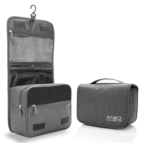 Reelau Hanging Toiletry Bag Foldable, Travel Toiletry Bag Durable Toiletry Pouch with Hanging Hook and Zippers Portable Cosmetic Storage Bag Folding Makeup Bag Organizer Pouch (Gray)