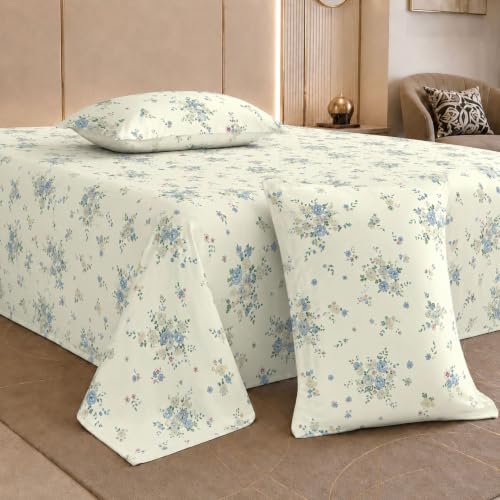 Image of Jaipur Weaves Cotton Percale King Size Bedsheet 108x108 Super King, 100% Pure Cotton Bed Sheet with 2 Pillow Covers, 300 TC Soft Breathable Floral Design Bedding (Floral Blue, Super King)