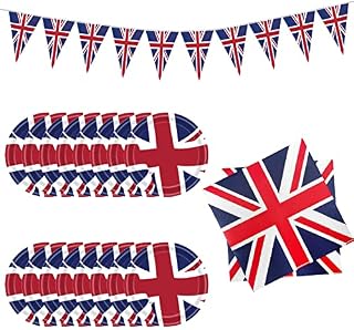 25-Piece Union Jack Party Supplies Set, Union Jack Themed Paper Plates, Tissues and Pull Flags, Queens Golden Jubilee 2022 Decoration Party Supplies, Union Jack Flag Party Supplies