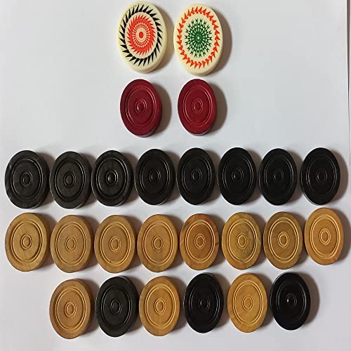 Wooden Checkers With Stackable Ridge Carrom Board Coins And Striker Professional Solid Set (24 Carrom Board Pieces With Cover/Striker Case + 2 Striker Random Color #TOP3