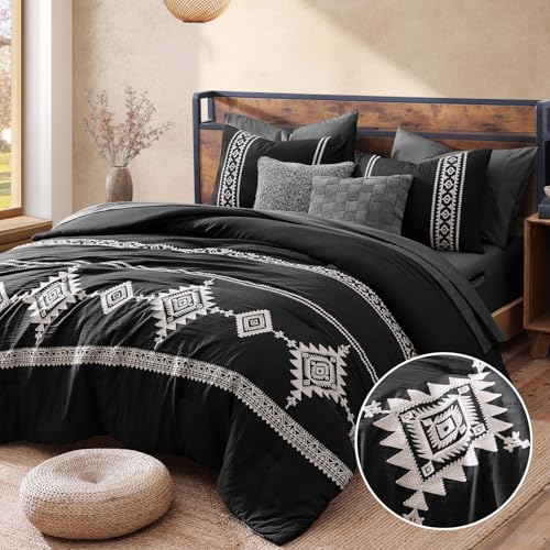 MAIREVE Embroidery Queen Size Comforter Set Black, Boho Farmhouse Western Bedding Set 7 Pieces, All Season Bed in A Bag Comforter Set with Sheets, Pillowcases & Shams