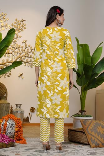 Image of MIRCHI FASHION Women's Straight Fit Pure Cotton Jaipuri Floral Printed Sequins Thread Work Kurta Set with Dupatta and Trouser