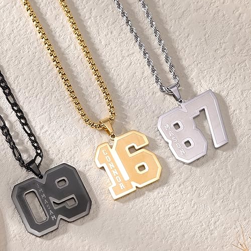 Dreamdecor Football Number Necklaces Custom Name Initial 00-99 Athletes Jersey Number Pendant Necklace with Customized Chains Personalized Baseball Jewelry Gifts for Men (18’’-24’’)3