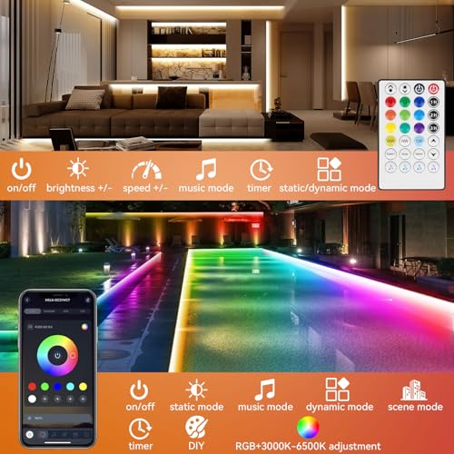 Image of 50Ft Outdoor RGBWW+IC LED Strip Lights, IP67 Waterproof Multi-Colored+3000K-6500K 24V LED Lights with Remote and APP, Music Sync Color Changing LED Tape Lights,DIY Strip Lighting for Courtyard Garden