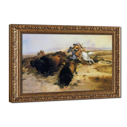 Toile Buffalo Hunt Charles M Russell, cadre mural salon et bureau 30x45cm