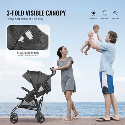 Image of VEVOR Lightweight Stroller, Compact Easy Fold Multiposition Recline Canopy Backrest, Carbon Steel Frame, Large Storage Basket,Cup Holder, Umbrella Toddler Baby Stroller for Travel and More, Black