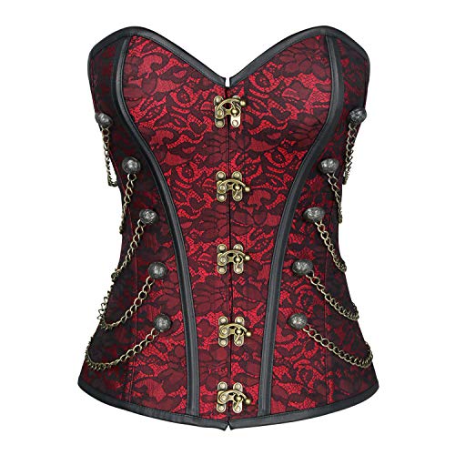 Image of Charmian Women's Steel Boned Steampunk Gothic Bustier Corset with Chains | Overbust Corset, Premium Brocade & Leather, Clasp Closure, Lace-up Back