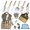 13 PCS Garden Tool Set with Wood Handle, Repotting Mat, Gardening Apron, Storage Bag Tote, Gardening Gift for Women