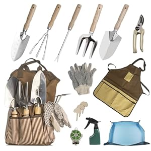 13 PCS Garden Tool Set with Wood Handle, Repotting Mat, Gardening Apron, Storage Bag Tote, Gardening Gift for Women