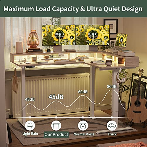 Fezibo Triple Motor L Shaped Stadning Desk With Led Strip & Power Outrlets，63 Inches Height Adjustable Stand Up Corner Desk With Ergonomic Monitor Stand, White Frame/Light Walnut Top #TOP6
