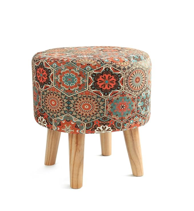 Image of NACIA Printed Ottoman Stools for Home Printed Ottoman Stool Set of 2 Bench for Living Room for Sitting Wooden Round Foot Rest Pouf for Home Decoration Pouffes for Dressing Table 16 inchx18 inch Octa