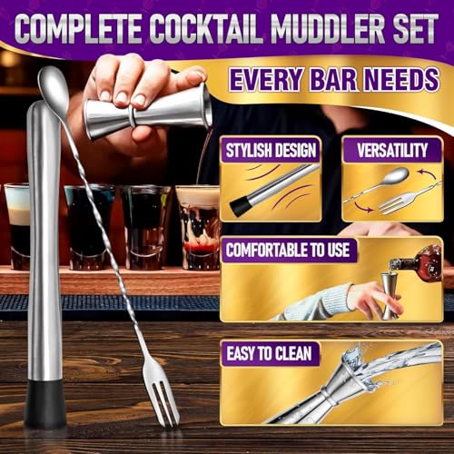 Image of finality Mojito Muddler Bar Tool Set, 3 PCS Cocktail Set Mixing Tools Stainless Steel Cocktail Muddler with Cocktail Spoon Long Handle and Jigger for Mojitos Fruit Drinks (Fork Spoon Jigger Set)