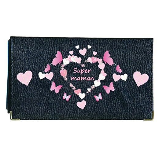 Porte chéquier Porte Carte, en Cuir Noir Super Maman Cadeau Fete des Meres