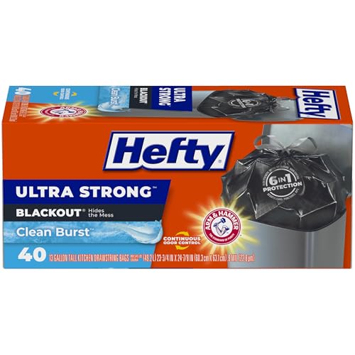 Hefty Ultra Strong 13 Gallon Trash Bags, Black Tall Kitchen Trash Bags 13 Gallon Size, Break Resistant Drawstring Enclosure, Continuous Odor Control, Blackout, Clean Burst Scent, 40 Bags