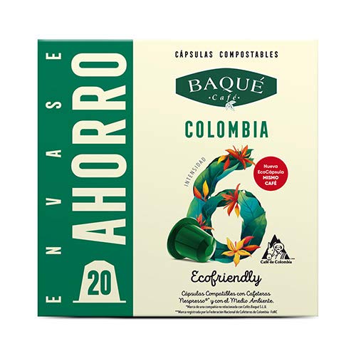 Cafés Baqué - 20 Capsulas Compatibles Nespresso Colombia - Intensidad 6 De 10 - Capsulas Compostables 180 g