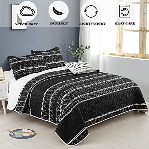 Wongs Bedding Black Quilt Set Twin, Boho Striped Triangle Pattern Printed Bedspread Coverlet, 3 Pieces (1 Quilt + 1 Pillowcase), Soft Microfiber Day Bed Coverlet For Summer 68"X86" #TOP1