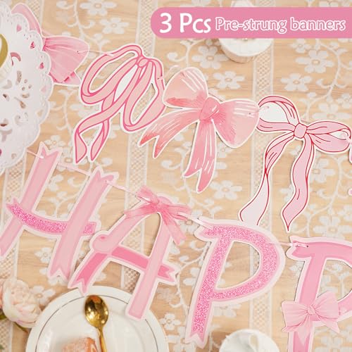 Image of Pre-Strung Pink Bow Birthday Decorations, Pink Coquette Party Decorations, Bow Party Supplies Include Happy Birthday Banner, Bow Garland Banner for Girls