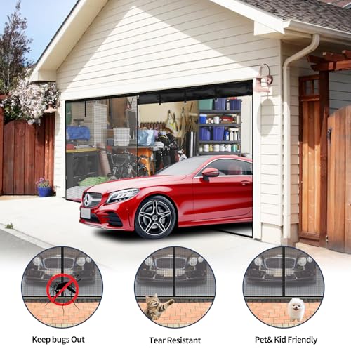 Image of Garage Door Screen for 1 Car Garage-9x8FT Heavy Duty Magnetic Garage Screen,Keep Bugs Out, Hands Free, Magnetic Garage Screen Door, Black