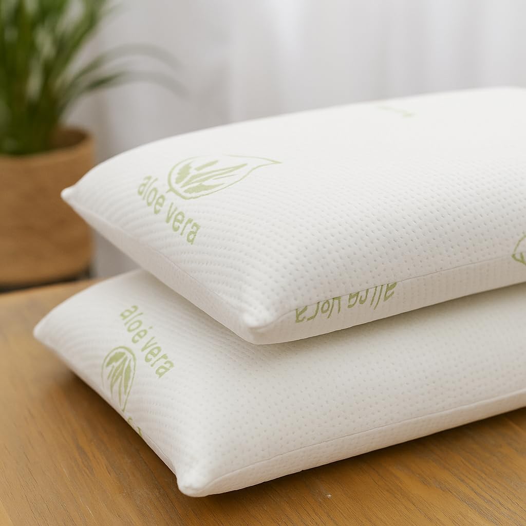 Pack de 2 Almohadas Viscoelasticas Copos Aloe Vera Transpirable Hipoalergenica Firmeza Media Adaptable Cuello Cervical Anti Calor Lavable Desenfundable Confort Dormir Lado Espalda 90 Cm