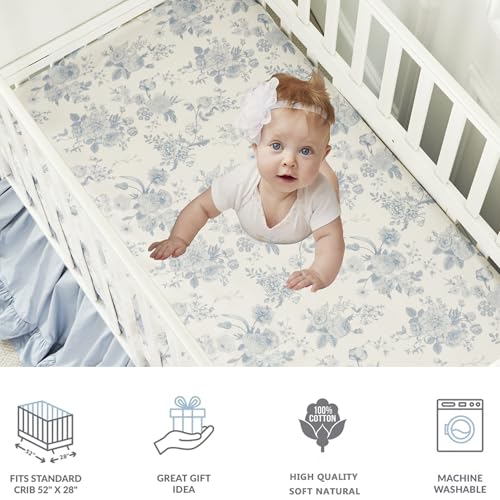Image of Brandream Baby Crib Sheets for Girls Boys, Fitted Crib Sheet for Standard Crib and Toddler Mattress, Super Soft 100% Cotton Baby Sheet French Country Toile Botanical Grandmillennial Floral Print, Blue