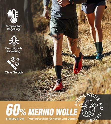 FORVEVO 60% Merino skarpety trekkingowe dla mężczyzn i kobiet, 3 pary, wełniane skarpety męskie, wyściełane, ciepłe skarpety zimowe męskie, oddychające skarpety sportowe, wielokolorowa, 43-46 EU