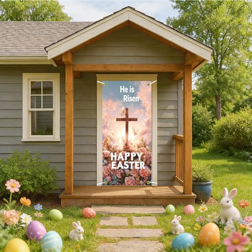 Image of Religious Easter Door Cover He is Risen Happy Easter Cross Door Banner Christian Easter Door Covers for Front Door Spring Easter Decorations 35x71 Inch