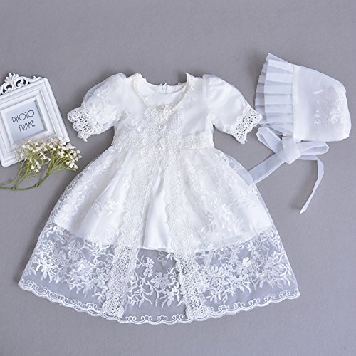 Baby Girls 3Pcs Organza Lace-Overlay Christening Gown Baptism Dress with Bonnet2