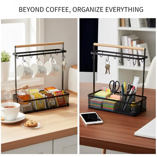 Image of Hiceeden Coffee Cup Holder with Storage Basket, Coffee Mug Tree Rack with Handle, Cup Stand Coffees Station Bar Organizer for Countertop, Holds 8 Cups (Black)