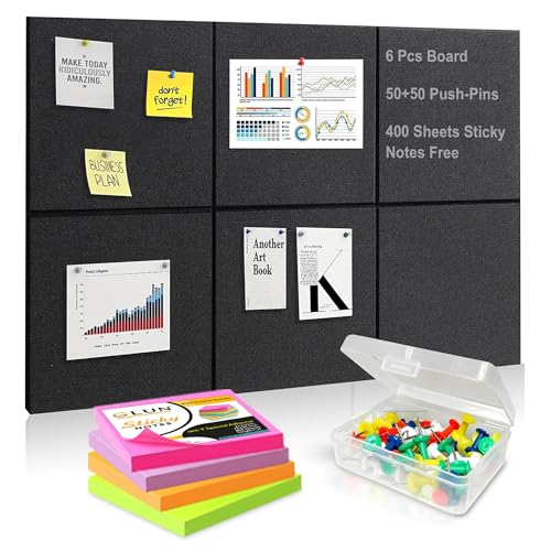 Image of GLUN 6 Pcs Black Felt Bulletin Board 30x30 cm (12x12 Inch) | Self Adhesive Notice Board Tiles for Wall | 100 Push Pins + 400 Sheets Sticky Notes | Pin Board for Home, Office, School & Study Room