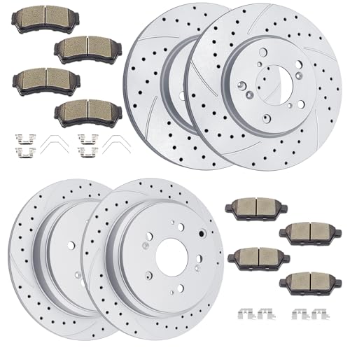 Front and Rear Disc Rotors Ceramic Brake Pads Drilled and Slotted Brake Kit Replacement for Honda Odyssey 2005-2010