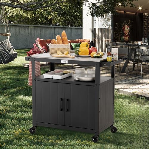 Outdoor Grill Cart with Stainless Steel Tabletop and Storage Cabinet, Movable Kitchen Island with Wheels for BBQ Food Prep, Black - Thumbnail 7