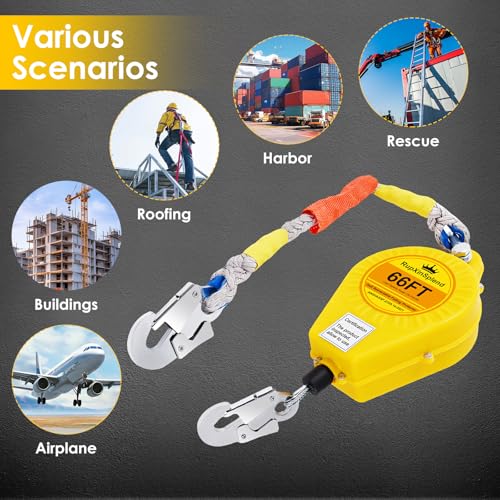 Image of Fall Arrester Protector Self Retractable 66FT Fall Protection Gear Double Locking, Dual PPE+Alloy Steel housing Heavy Duty Lifeline Safety Lanyard Rope Cable Wire Roofing Construction