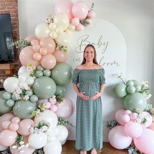 Image of Baby in Bloom Balloon Arch Kit, 134Pcs Dusty Sage Green and Pastel Pale Pink Cream White Beige Light Gold Floral Balloon Garland for Girls Boho Baby Shower Flower Birthday Garden Tea Party Decorations
