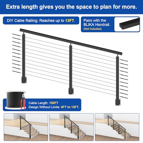 Image of BLIKA 4FT-12FT Complete Set 36 inch Side Mount Stair Railing Post Kits, Fascia Mount Stair Posts, Black Swageless Cable Railing System Include 2 Left Stair Posts, 150FT 1 /8 inch Stainless Cable(No Handrail)