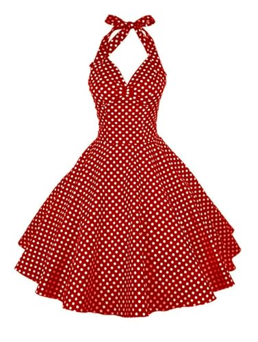 Dot Style 50er 60er Jahre Kleid A-Linie Neckholder Pin Up Rockabilly Kleid Damen Sommer Retro Party-rot gepunktet-XXL