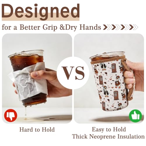 Image of KJQJLY 3 Reusable Iced Coffee Sleeves for Iced Coffee Cups or Drinks Reusable Neoprene Insulated Sleeves for Hot and Cold Drinks from Starbucks, Dunkin, And More (Detective Duck)