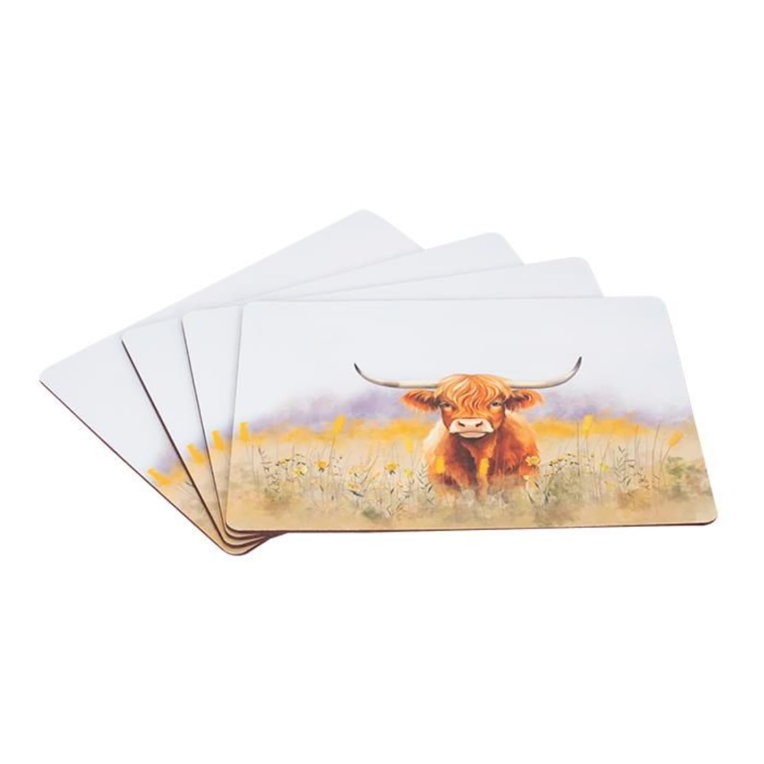 Unique Home Living Rectangular Placemats Set Of 4 Highland Cow Design Mdf Place Mats, Heat Resistant Table Mats For Kitchen Dining Home Restaurant Table Countertop, Cork Back Anti-Slip Placemat