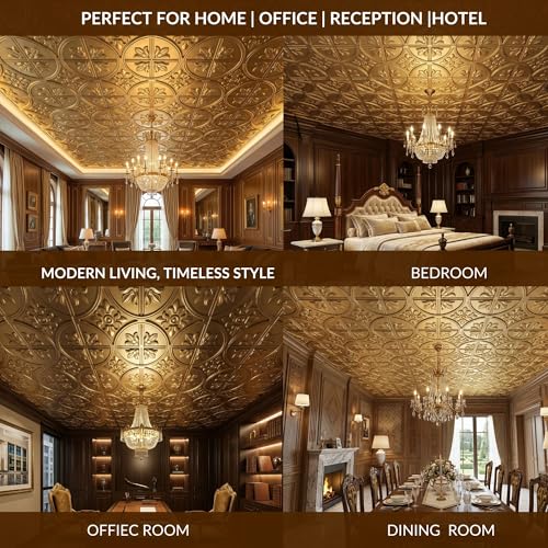 Image of Kayra Decor 2x2 Feet PVC False Ceiling Tiles (Pack of 12) - Standard Grid Fit 3D Ceiling Panels - Waterproof, Termite Proof & Washable for Office, Shop & Home - Champagne Gold