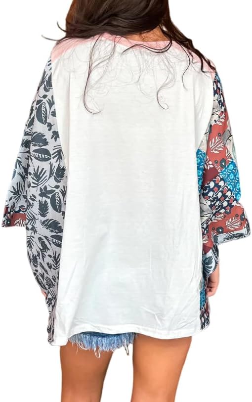Graphic Tees for Women Boho 3/4 Dolman Sleeve Tops Floral Print Ponchos Crewneck Batwing Tops Loose Western Shirts - Image 4