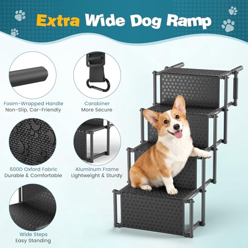 Hundetreppe für Große Hunde, 4 Stufen, mit Rutschfester Oberfläche und Karabinerhaken, Wasserabweisende PVC, Hundetreppe Auto für Kleine Hunde, Hunderampe Auto Klappbar (Unterstützt Bis Zu 80 kg)